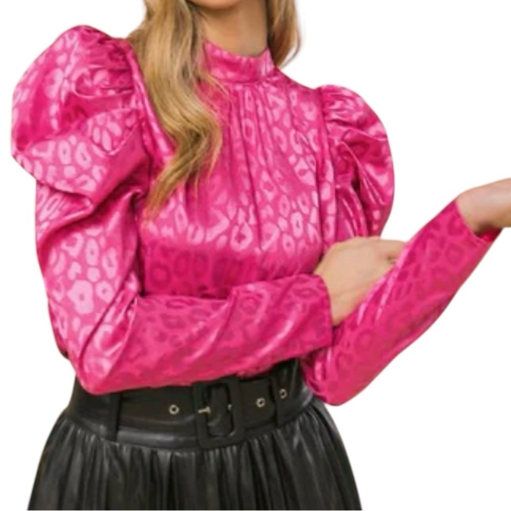 A.Calin For Flying Tomato Leopard Print Puff Sleeve Blouse Size Large Hot Pink - Picture 2 of 5
